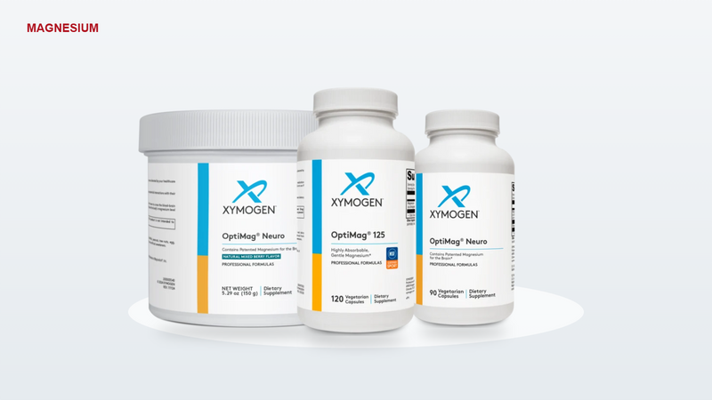 XYMOGEN OptiMag 125, OptiMag Neuro capsules, and OptiMag Neuro Mixed Berry